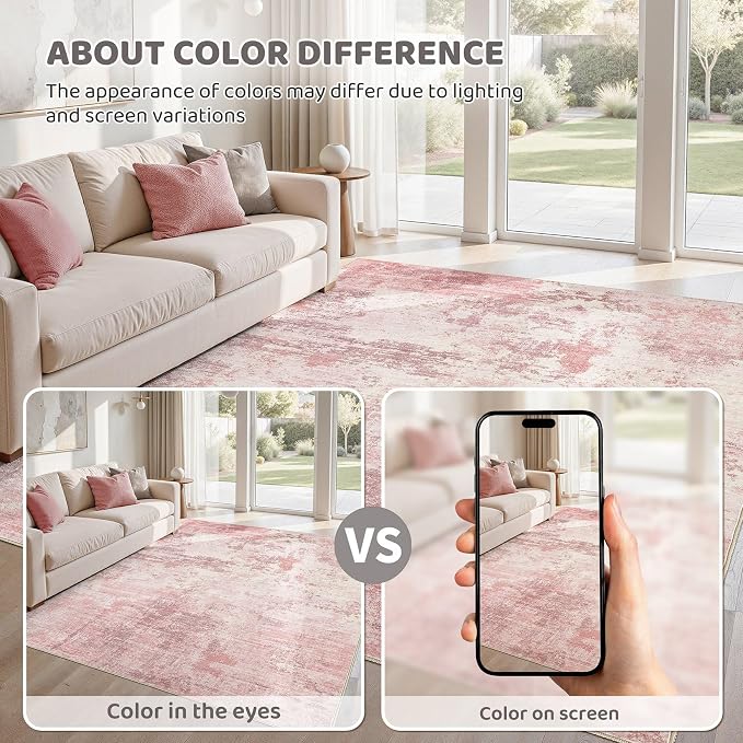 UERMEI 6x9 Area Rug Living Room Rugs - Washable Neutral Modern Abstract Soft Thin Large Rug Indoor Floor No Slip Rug Carpet for Bedroom Under Dining Table Home Office Decor - Pink