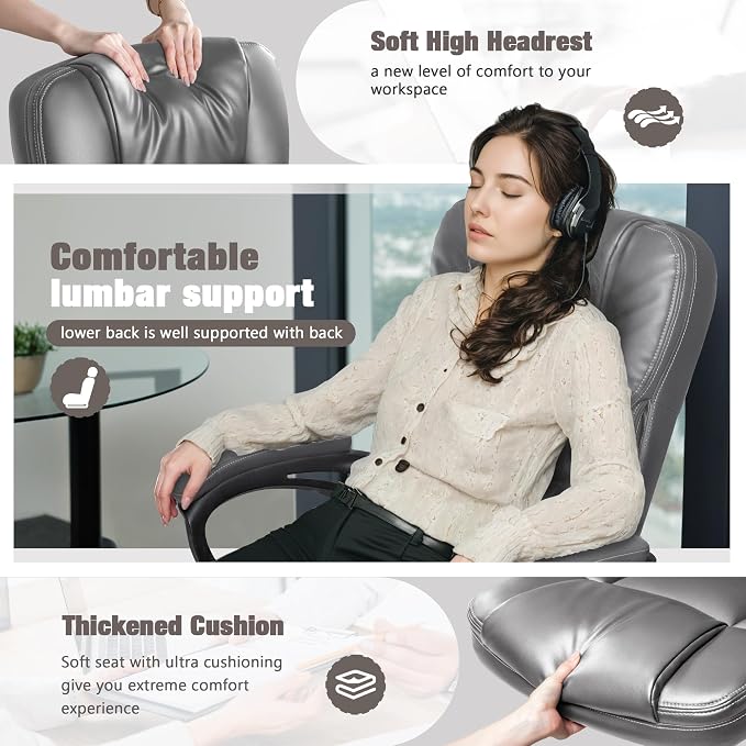 JUMMICO Executive Office Chair High Back Managerial Home Desk Chair, Adjustable Swivel Computer PU Leather Chair with Lumbar Support (Gray)