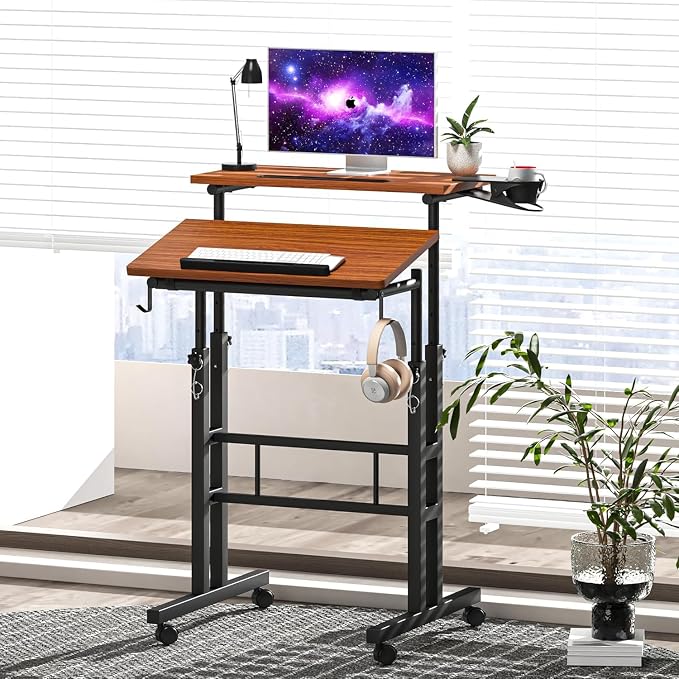 Klvied Stand Up Desk on Wheels, Portable Computer Desk for Home Office,Rolling Desk for Laptop with Removable Cup Holder, Adjustable Laptop Cart for Standing or Sitting,Walnut