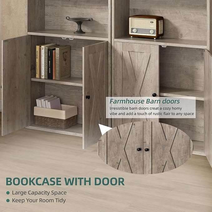 Shintenchi Bookshelf, Industrial Bookshelves and Bookcases with Doors Floor Standing 6 Shelf Display Storage Shelves 70.6 inches Tall Bookcase for Home Office, Living Room (Grey)
