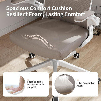 Office Chair Ergonomic Desk Chair with Lumbar Support&Headrest&Flip-up Arms Height Adjustable Rocking Swivel High Computer Chair Multi-Angle from 90° to 125° with 350LBS Capacity(White+Khaki-2)