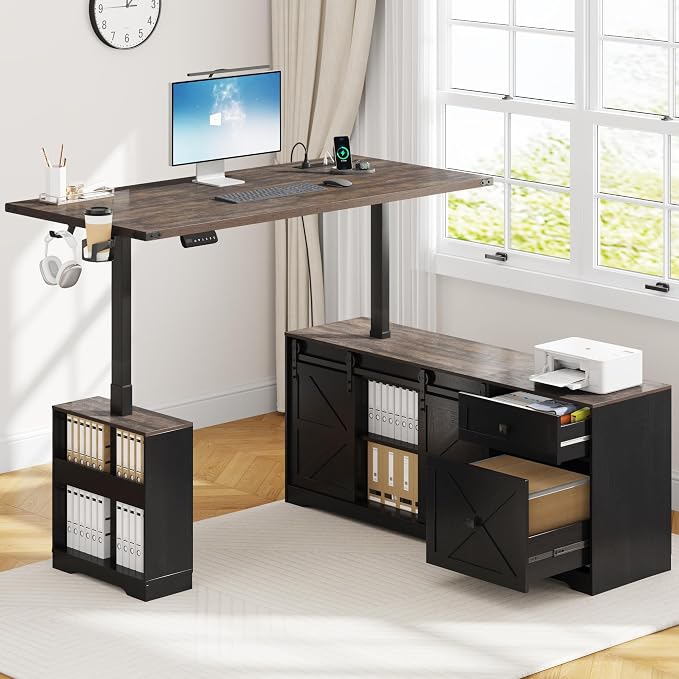 St.Mandyu 63" L Shaped Electric Standing Desk with File Drawer & Sliding Door, Height Adjustable Sit Stand Corner Computer Desk with Power Outlets, Drawers & Cup Holder for Home Office, Black