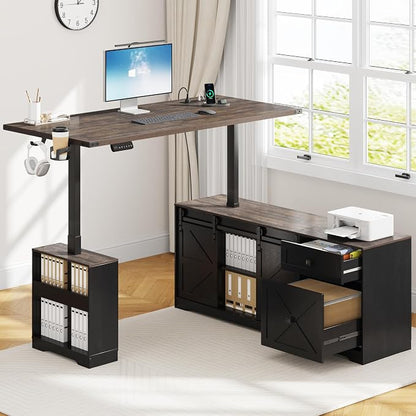 St.Mandyu 63" L Shaped Electric Standing Desk with File Drawer & Sliding Door, Height Adjustable Sit Stand Corner Computer Desk with Power Outlets, Drawers & Cup Holder for Home Office, Black