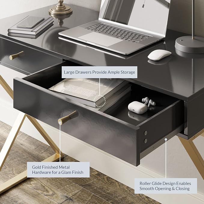 BELLEZE Modern 42 Inch Makeup Vanity Dressing Table or Home Office Computer Laptop Writing Desk with Two Storage Drawers, Wood Top, and Gold Metal Frame - Ellena (Black)