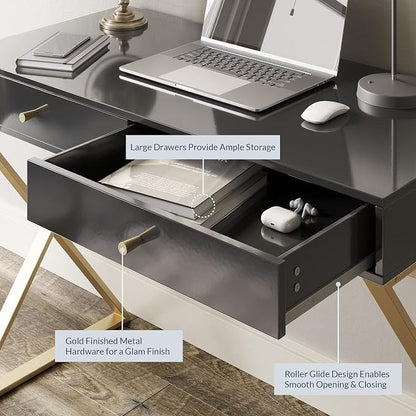 BELLEZE Modern 42 Inch Makeup Vanity Dressing Table or Home Office Computer Laptop Writing Desk with Two Storage Drawers, Wood Top, and Gold Metal Frame - Ellena (Black)