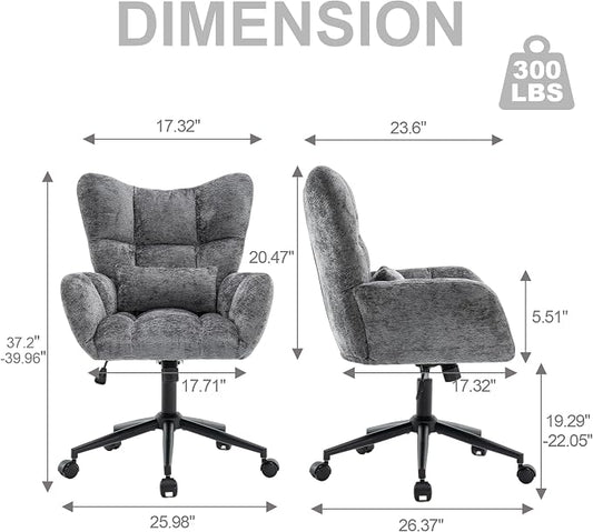 Home Office Desk Chair, Modern Tufted Chenille Vanity Chair, Adjustable Upholstered Swivel Computer Chairs for Bedroom, Living Room，Grey