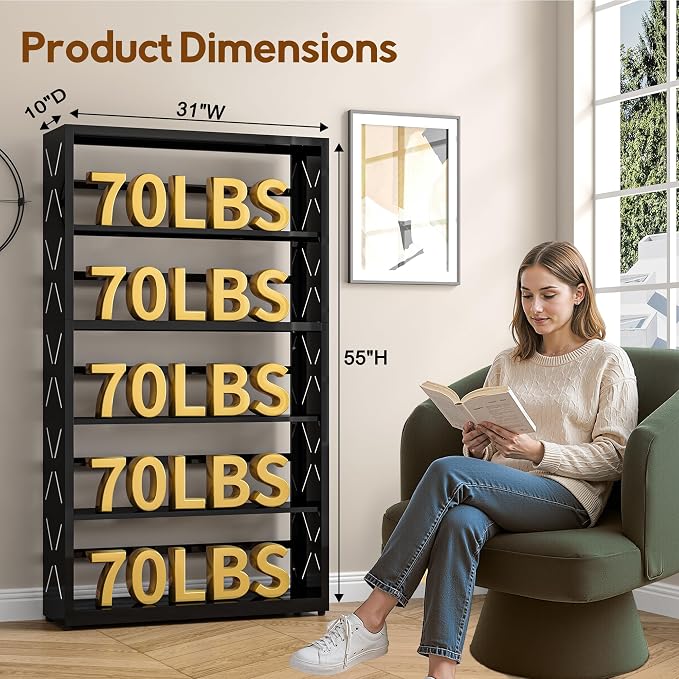 UNICOLY 5 Tier Black Bookshelf, 55" H Tall Bookshelf with 5 Storage Shelves, Heavy Duty Deep Shelves, Open Shelf Bookcase with 5 Bookends, Modern Display Shelves for Books, Toys, CD, W31×D10“