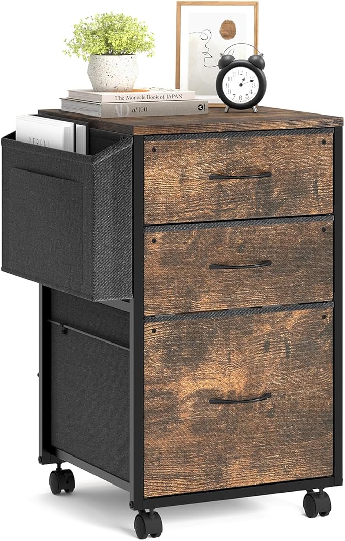 VINGLI 3 Drawer File Cabinet with Side Bag, Rolling File Cabinet Mobile Under Desk File Cabinet with Wheels, Fabric Drawers Printer Stand for Home Office, Fits Letter Size, Rustic Brown