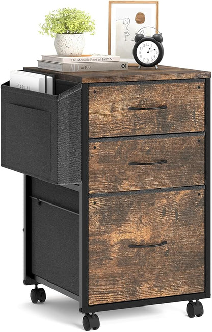 VINGLI 3 Drawer File Cabinet with Side Bag, Rolling File Cabinet Mobile Under Desk File Cabinet with Wheels, Fabric Drawers Printer Stand for Home Office, Fits Letter Size, Rustic Brown