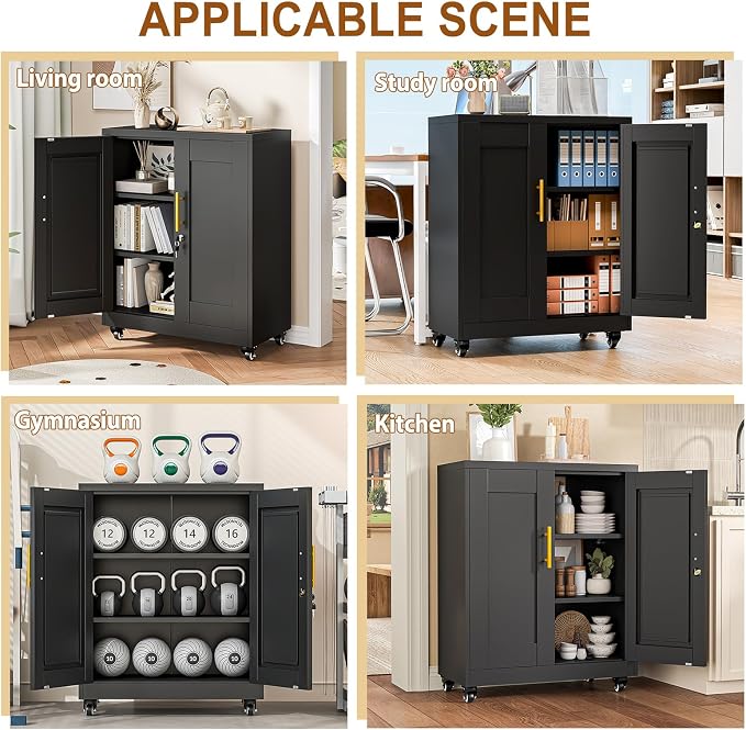 36" Metal Garage Storage Cabinet with Lock and Wheels,Rolling Steel Locker Organizer,Office File Cabinet with 2 Doors and 2 Adjustable Shelves,Tool Cabinets for Home Office,Gym,School (Black)