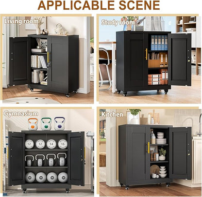 36" Metal Garage Storage Cabinet with Lock and Wheels,Rolling Steel Locker Organizer,Office File Cabinet with 2 Doors and 2 Adjustable Shelves,Tool Cabinets for Home Office,Gym,School (Black)