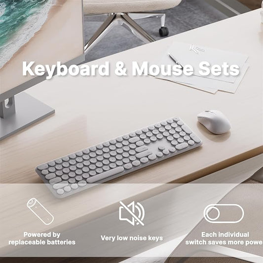 Wireless Keyboard and Mouse Combo with 110 Round Keycaps, Power Switch, and Scissor-Switch Typing Feel – Ideal for Office Use (White)