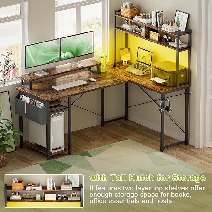 Besiost Small L Shaped Gaming Desk with Power Outlets, 48" Reversible L Shaped LED Computer Desk with Monitor Stand & Storage Shelf, Corner Gamer Desk Home Office Desk with Storage Bag, Rustic Brown