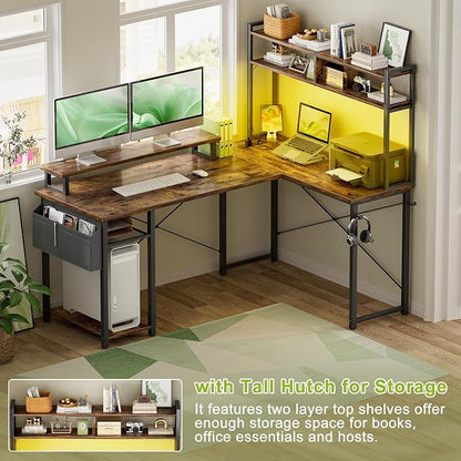 Besiost Small L Shaped Gaming Desk with Power Outlets, 48" Reversible L Shaped LED Computer Desk with Monitor Stand & Storage Shelf, Corner Gamer Desk Home Office Desk with Storage Bag, Rustic Brown