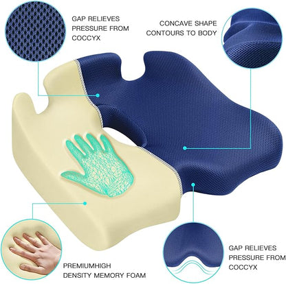 Benazcap X Large Memory Seat Cushion for Office Chair Sciatica & Back Pain Relief Memory Foam Firm Coccyx Pad for Car, Wheelchair, Gaming Chair and Desk Chair, Blue