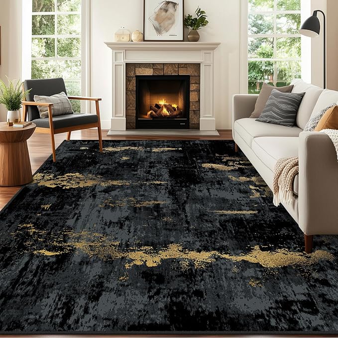RELEANY Washable Area Rugs 6'x8' Non-Slip Modern Abstract Soft for Living Room Entryway Bedroom Kitchen, Print Pattern, Dark Black Gold