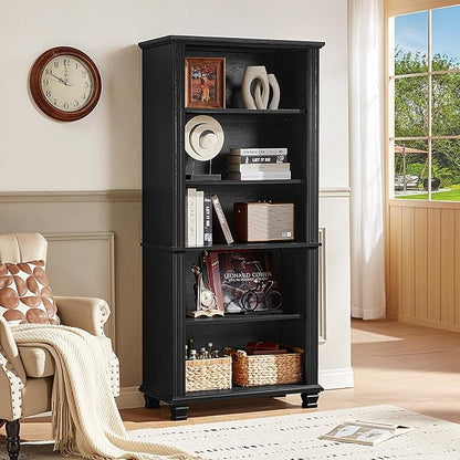 SAVOR LIFE 70" Tall Black Bookshelf,5 Tier Wooden Book Shelf with Adjustable Shelves & Wood Legs,Free Standing Farmhouse Bookcase with Open Display Storage,Vintage Bookshelves for Living Room, 3PCS