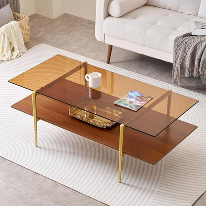 LumFurn Extra Large Rectangle Glass Coffee Table, Mid-Century Modern Design for Living Room, L47 x W24 x H17, Amber Glass Top and Walnut MDF Shelf, Sleek Conical Metal Legs with Gold Finish