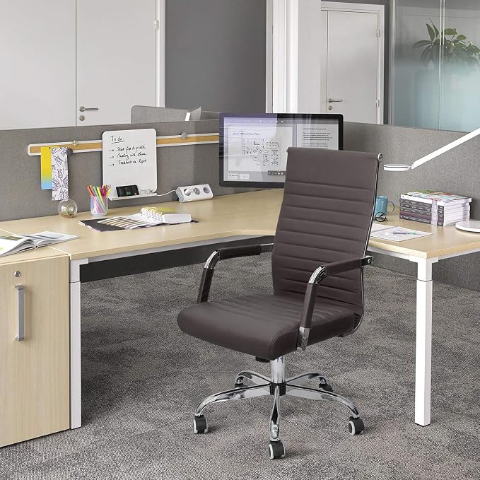KaiMeng Ribbed Office Desk Mid Back Computer Chair Height Adjustable Conference Executive Task Swivel PU Leather (Brown)