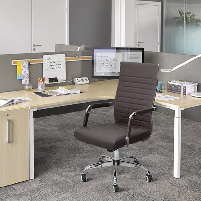 KaiMeng Ribbed Office Desk Mid Back Computer Chair Height Adjustable Conference Executive Task Swivel PU Leather (Brown)