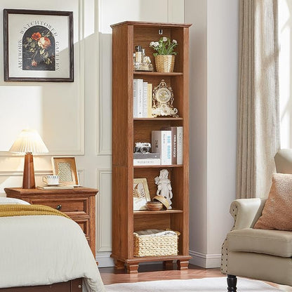 SAVOR LIFE Narrow Brown Book Shelf, 70" Tall Skinny Bookshelf with Adjustable Shelves & Wooden Legs, Farmhouse Wood Bookcase w/5-Tier Open Storage, Free Standing Book Case for Office,Living Room,3PCS