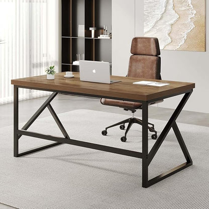 HSH Minimalist PC Desk, Industrial Home Office Desk, Sturdy Wood and Metal Desk, Rustic Vintage Oak 55 Inch Work Study Writing Desks Computer Table for Living Room Bedroom
