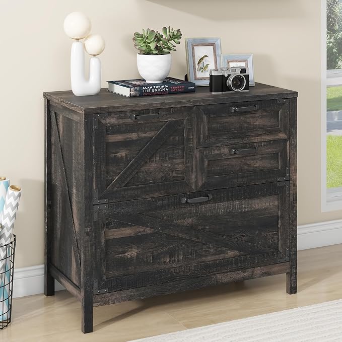 Halitaa Lateral File Cabinet with 4 Drawers Farmhouse File Cabinet for Letter/Legal/A4 Size Hanging Files, Large Wood File Storage Cabinets Printer Stand for Home Office Cabinet, Dark Rustic Oak