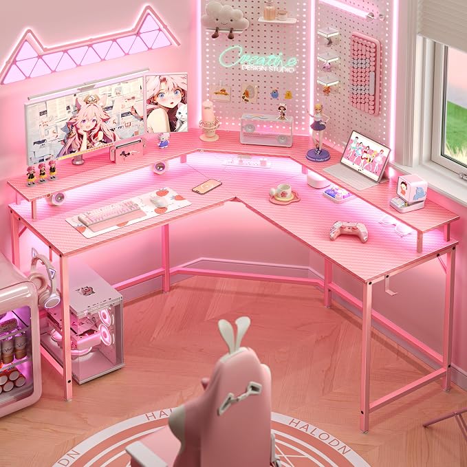 Huuger L Shaped Gaming Desk with Power Outlets & LED Lights, Computer Desk with Monitor Shelves, Carbon Fiber Surface, Home Office Desk, Corner Gaming Desk with Hooks, Carbon Fiber Pink