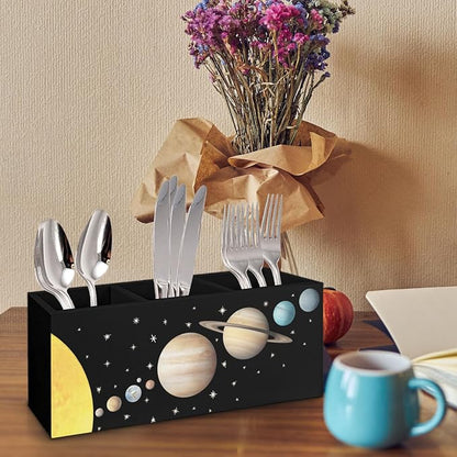 Black Space Themed Bedroom Decor Gift for Kids Men, Outer Space Decor Wooden Pen Pencil Holder for Desk, The Solar System Wood Makeup Brush Toothbrush Holder Organizer for Library Bedroom