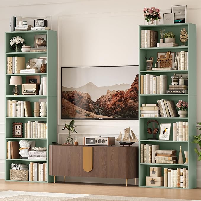 FACBOTALL 82" Tall Bookshelf Set of 2, 7-Tier Double Open Shelves Bookcase,Freestanding Display Storage Shelves, Tall Bookcase Home Decor Furniture for Home Office,Living Room,Bedroom, Green