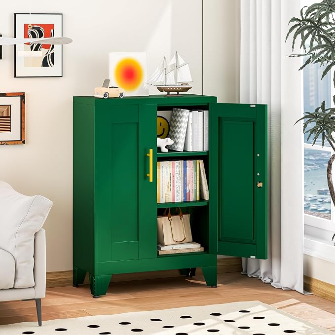 winiowa Tall Metal Storage Cabinet with Lock, Locking File Cabinet with 2 Doors and 2 Adjustable Shelves, Green Lockable Organizer for Home Office Garage（23.6" W）