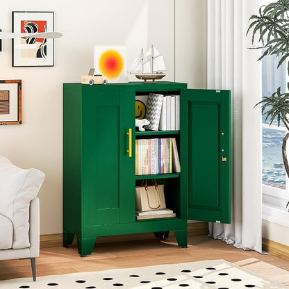 winiowa Tall Metal Storage Cabinet with Lock, Locking File Cabinet with 2 Doors and 2 Adjustable Shelves, Green Lockable Organizer for Home Office Garage（23.6" W）