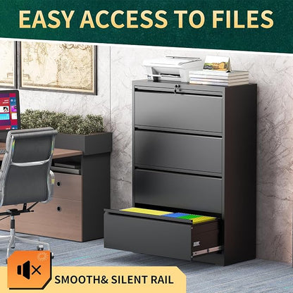 4 Drawer Lateral File Cabinet with Lock, Black Metal File Cabinets for Home Office, Steel Heavy-Duty Filing Storage Cabinet for Letters/Legal/A4, Require Assembly