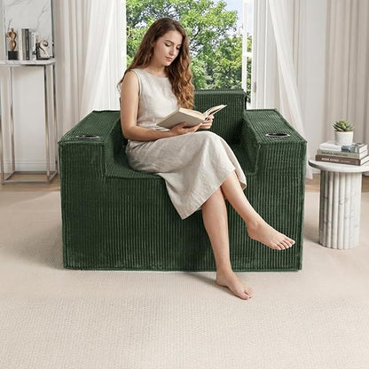 Cloud Single Sofa,Chaise Lounge Chair with Cup Holder & Side Pocket,Elevated Seat Height,No Assembly Required,Boneless Corduroy Chair for Small Space,Bedroom,Office (Green, Single Sofa)