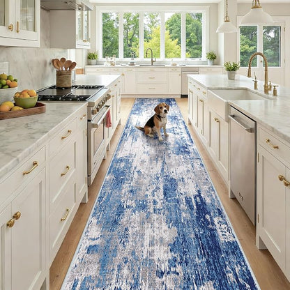 RELEANY Washable Area Rugs 3x12 Non-Slip Modern Abstract Soft for Living Room Entryway Bedroom Kitchen, Print Pattern, Blue Grey Navy Gray