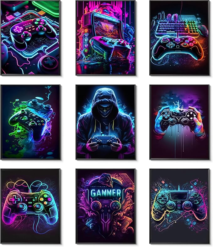 Ucninvd Game Posters Wall Art Set of 9, Neon Gaming Wall Decor Game Room Decor Paintings, Video Gamer Accessories Canvas Picture Prints for Boys Gamer Teen Room Bedroom Decor 8x10In Unframed