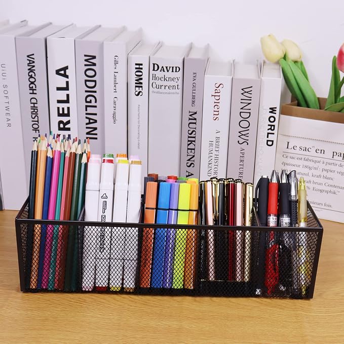 2PCS Black Mesh Pen Pencil Holder, Small Metal Desk Organizer Desktop Stationery Office Supplies Acessories Storage Stand, 5 Compartments Brushes Holder for Home School Classroom Teachers