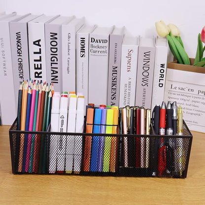 2PCS Black Mesh Pen Pencil Holder, Small Metal Desk Organizer Desktop Stationery Office Supplies Acessories Storage Stand, 5 Compartments Brushes Holder for Home School Classroom Teachers