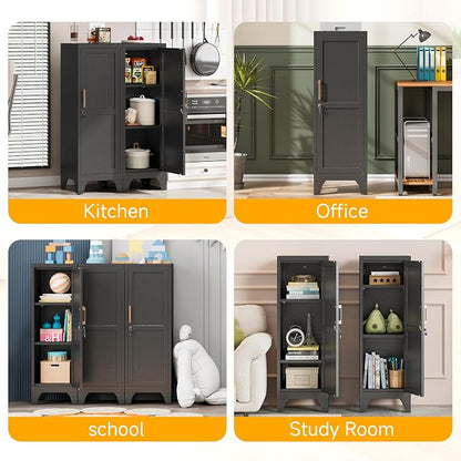 46"H Black Metal Locker with 1 Lockable Door and 2 Adjustable Shelves For Employees, 3 Tier Small Storage Cabinet with Detachable Legs and Vintage Handle for Kitchen,Office,Gym,School,Easy Assembly