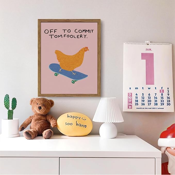 Framed Off to Commit Tomfoolery Wall Art, Vintage Fun Chicken Canvas Print, Whimsical Chicken on Skateboard Picture Wall Decor, Humorous Animal Painting for Living Room Bedroom 8x10 inch