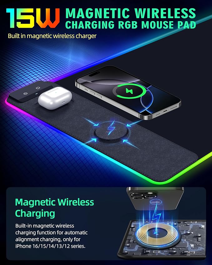 Mouse Pad with Wireless Charger, RGB Gaming Mousepad, 31.5"x15.7" Extra Large Desk Mat, 13 Light Modes, Ultra-Smooth Surface, Non-Slip Base, Waterproof Computer Keyboard Pad, Black with PD Adapter