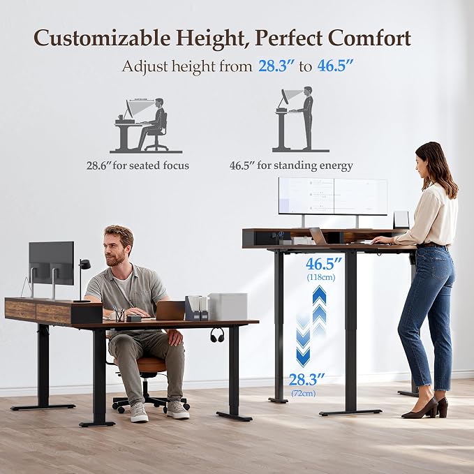 Klicelor L Shaped Electric Standing Desk 63 x 55.1 inch with Shelf, Height Adjustable Corner Desk, Sit Stand Desk with Storage Shelf, Home Office Computer Table, Rustic Brown