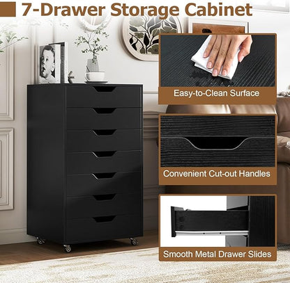 7 Drawer File Cabinet, 34.5" Vertical Storage Drawer Cart, Under Desk Office Organizer, Wooden Printer Stand, Rolling Filing Cabinet for Home Office (Black)