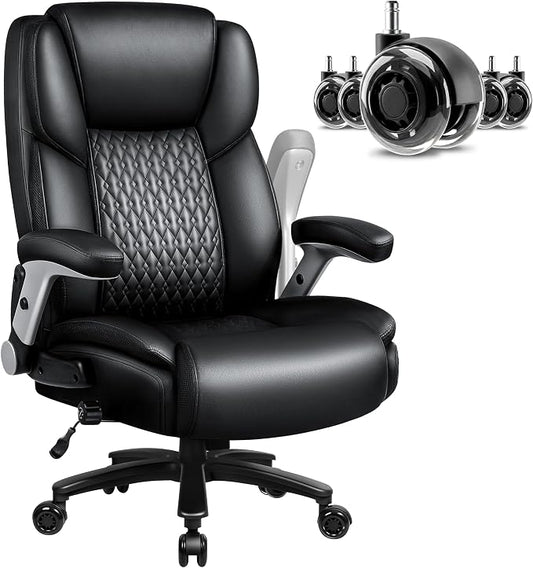 Big and Tall Office Chair 600LBS, Heavy Duty Office Chair for Heavy People, High Back Executive Office Leather Chair with Adjustable Armrests and Lumbar Support, Black Ergonomic Big Tall Chair