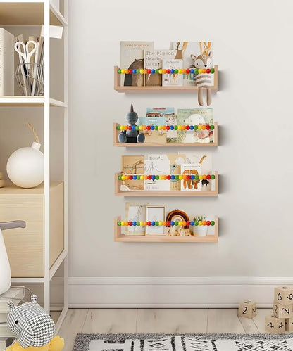 Nursery Book Shelves Wall Mounted Set of 4,Floating Book Shelves for Wall,Nursery Shelves for Bookshelf Wall,Kids Bookshelf (Five-Color Beads)