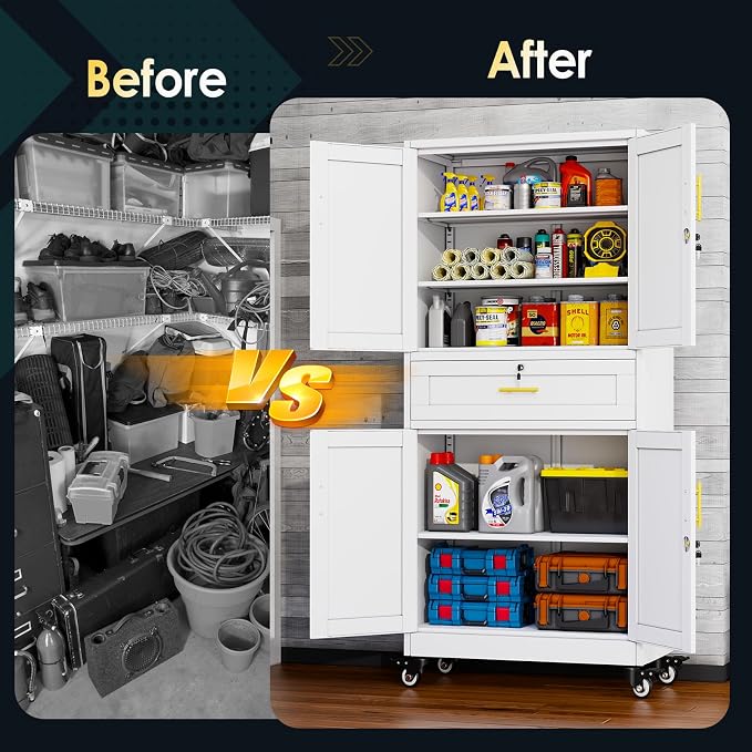 PAOFIN Metal Tall Storage Cabinet with Drawer, Garage Storage Cabinet with Locking Doors and 3 Adjustable Shelves, 71" H Steel Cabinets for Garage, Home, Office, White, Assembly Required