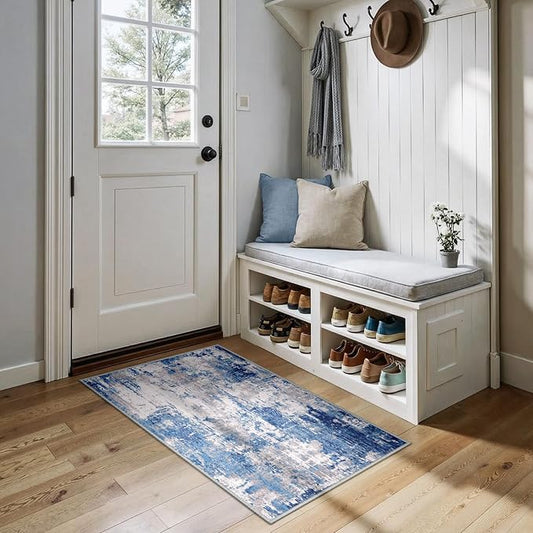 RELEANY Washable Area Rugs 2'x4' Non-Slip Modern Abstract Soft for Living Room Entryway Bedroom Kitchen, Print Pattern, Blue Grey Navy Gray