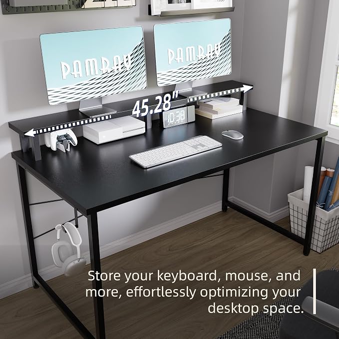 Pamray 47 Inch Small Computer Desk with Monitor Stand, Simple Office Desk with Headphone Hook for Small Spaces, Kids Study Writing Table for Bedroom, White