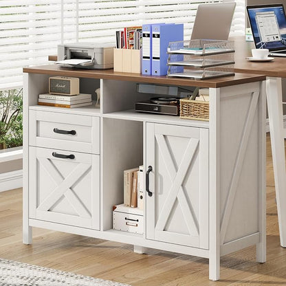Befrases Farmhouse File Cabinet with Doors, Lateral Filing Cabinet with 2 Drawers for Letter/A4 Size Hanging Files, Large Wooden Printer Stand with Open Shelf for Home Office, Rustic White