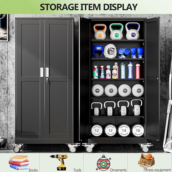 Metal Garage Storage Cabinets and storage system, 75”Tall Rolling utility cabinet with Wheels, Lock, 5 Adjustable Shelves, Heavy Duty Steel Tool Locker for Home Office, Utility Room, Gym,Black